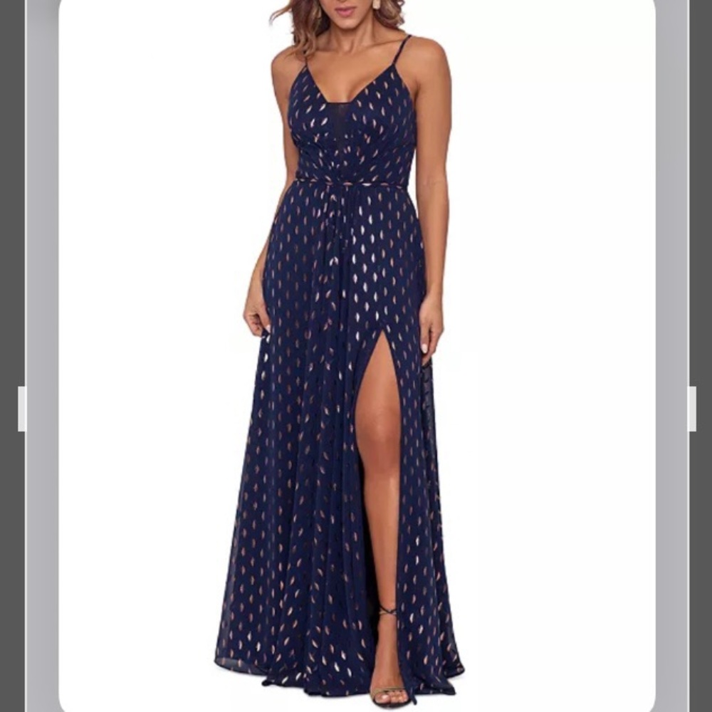 Betsy & Adam High-Slit Metallic-Print Gown in Navy/Copper Size 8